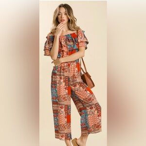 Umgee Boho Off the Shoulder Ruffle Jumpsuit Medium New With Tags